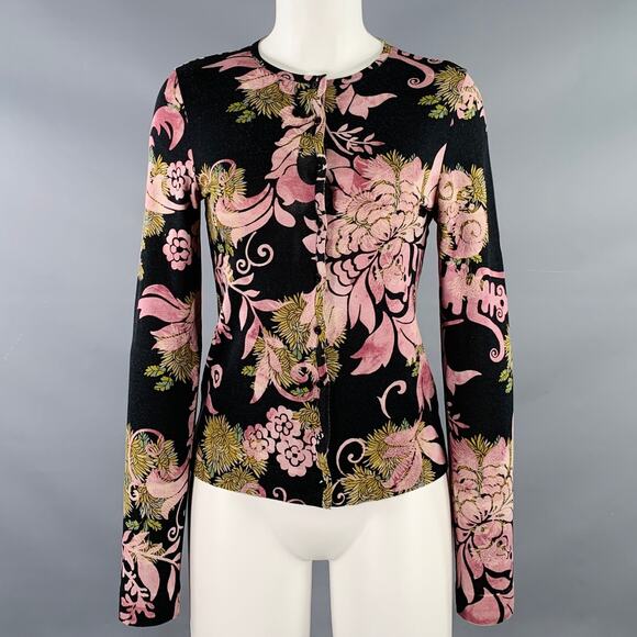 CHRISTIAN DIOR Size 6 Black Purple Wool Blend Abstract Floral Cardigan - Picture 1 of 6